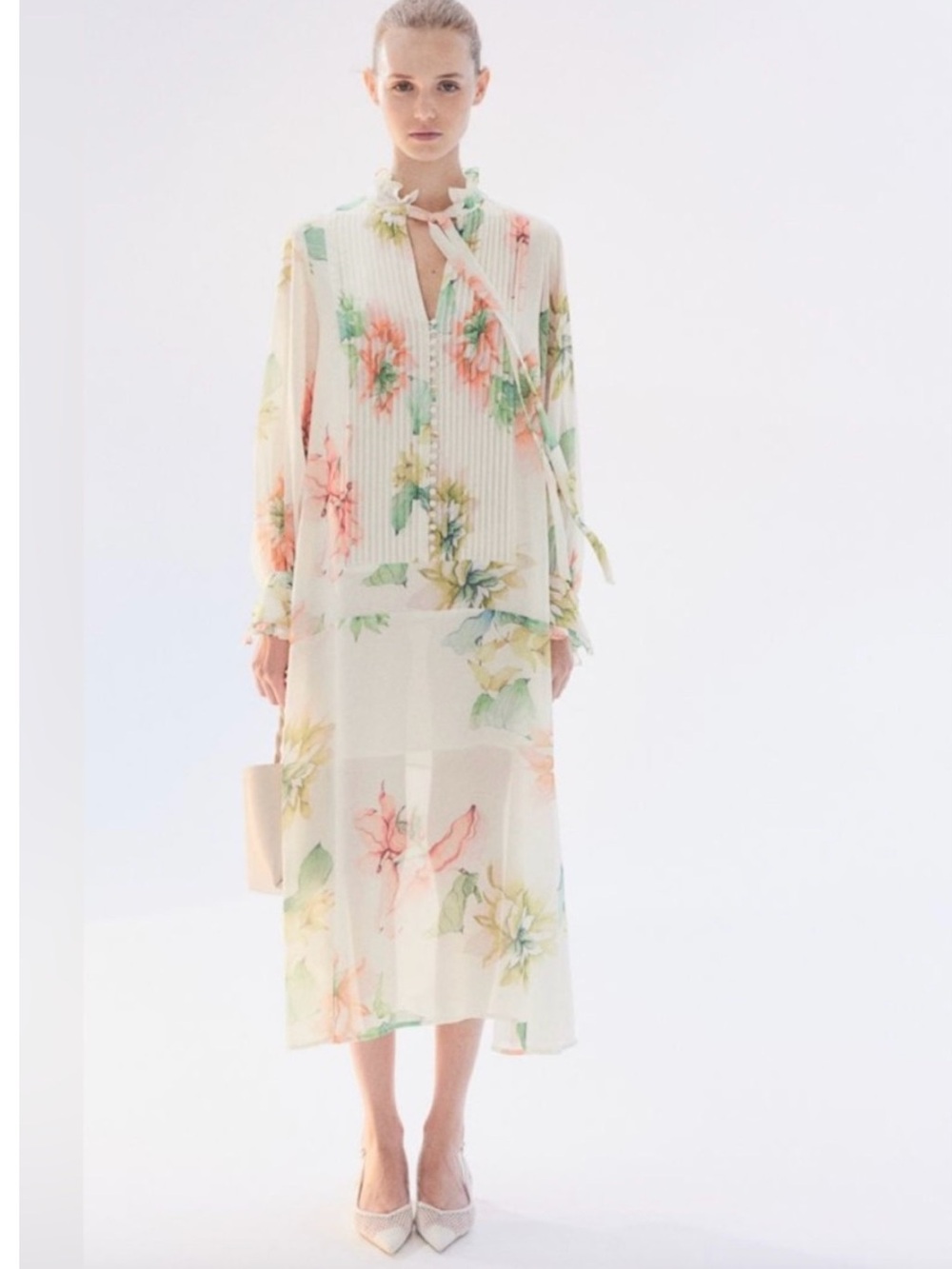 H&M Cream Floral Sheer Maxi Dress with Pink, Green and Yellow Blooms